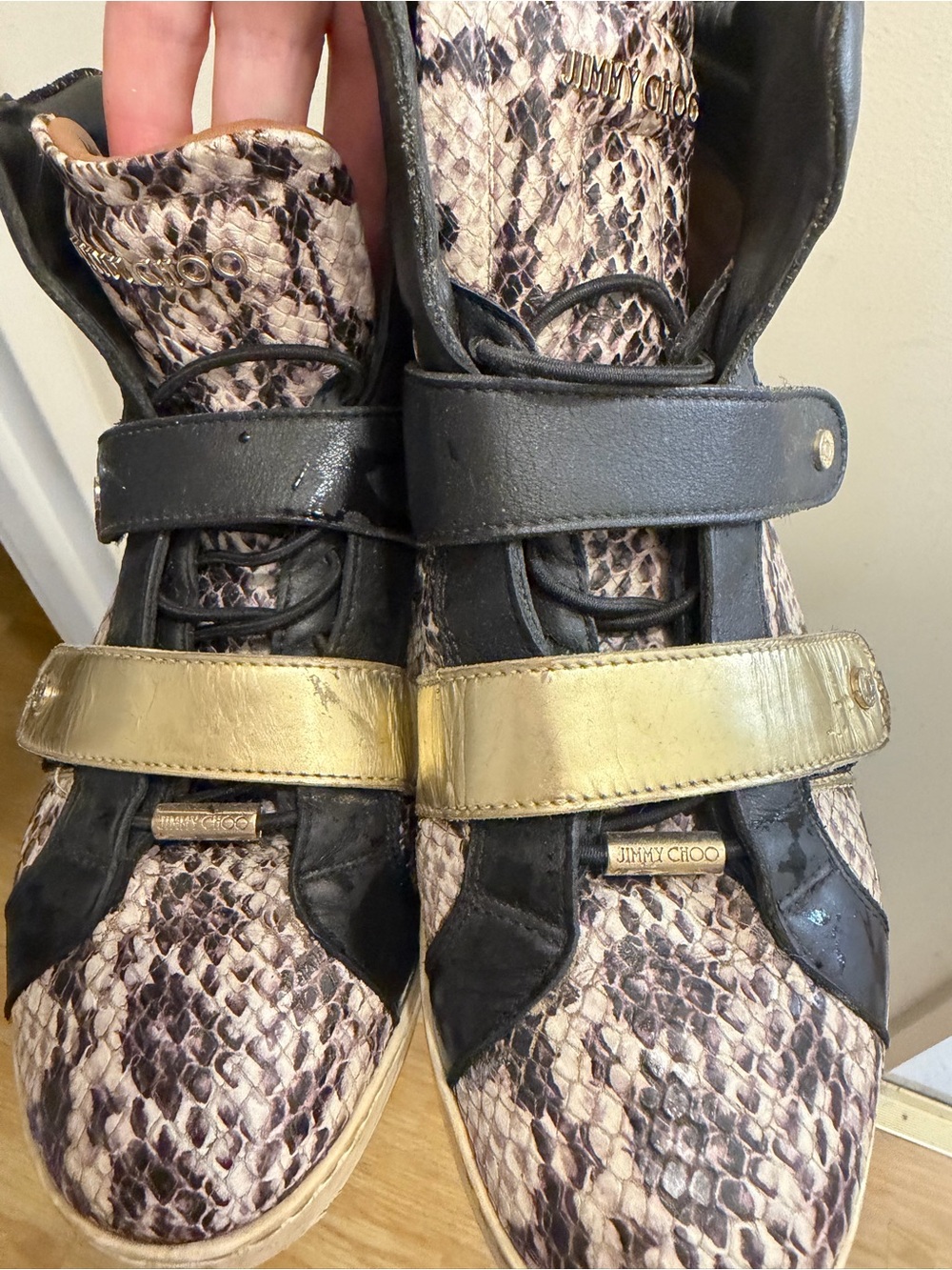 Jimmy Choo Snake-Print High-Top Sneakers with Gold Strap